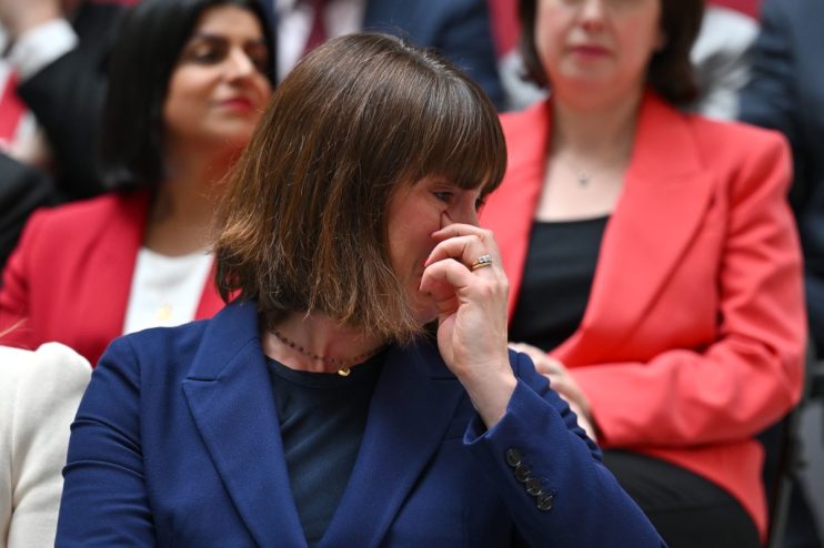 MANCHESTER, ENGLAND - JUNE 13: Rachel Reeves, Shadow Chancellor of the Exchequer, cries during the launch of Labour's general election manifesto on June 13, 2024 in Manchester, United Kingdom. Labour is consistently leading the polls by over 20 points, according to the latest YouGov data. (Photo by Anthony Devlin/Getty Images)