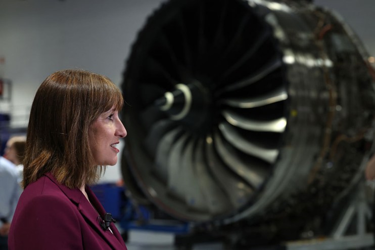 Chancellor of the Exchequer Rachel Reeves speaks to members of the media at the Rolls-Royce factory in May 2025 in Derby. (Photo by Darren Staples - WPA Pool/Getty Images)