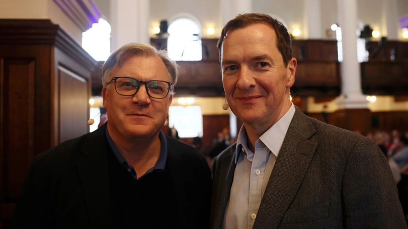 Ed Balls and George Osborne pose during The Political Currency Podcast panel discussion on day four of SXSW London 2025 at Christ Church Spitafields on 5 June, 2025, in London. (Photo by Jack Taylor/Getty Images for SXSW London)