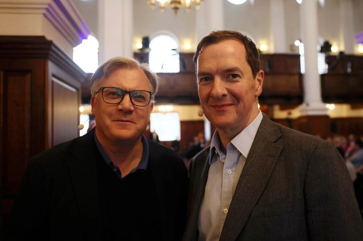 Ed Balls and George Osborne pose during The Political Currency Podcast panel discussion on day four of SXSW London 2025 at Christ Church Spitafields on 5 June, 2025, in London. (Photo by Jack Taylor/Getty Images for SXSW London)