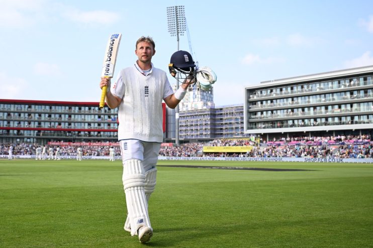 MANCHESTER, ENGLAND - JULY 25: Joe Root of England acknowledges the crowd's applause after being dismissed for 150 on Day Three of the 4th Rothesay Test Match between England and India at Emirates Old Trafford on July 25, 2025 in Manchester, England. (Photo by Stu Forster/Getty Images)