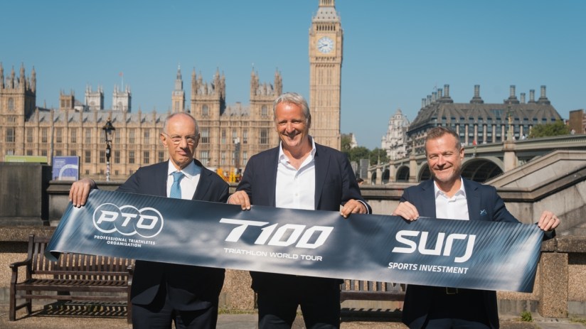 T100 backer Sir Michael Moritz, PTO chair Chris Kermode and Surj CEO Danny Townsend mark the Series C funding round