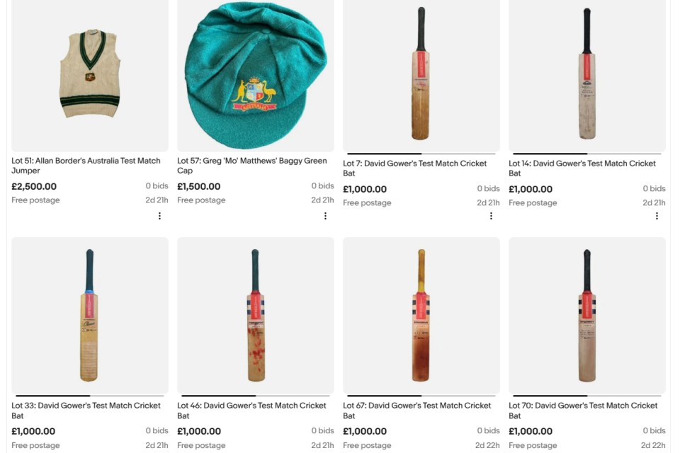 Lots in David Gower's eBay sale include his Test match bats and an Australian Baggy Green cap
