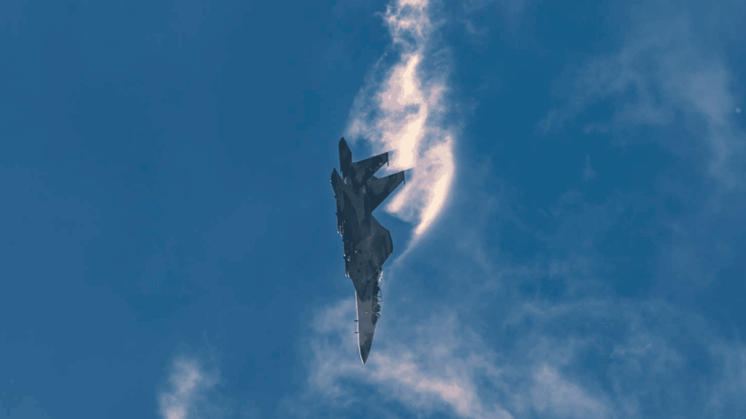 A Boeing F-15 performs at the Farnborough International Airshow.