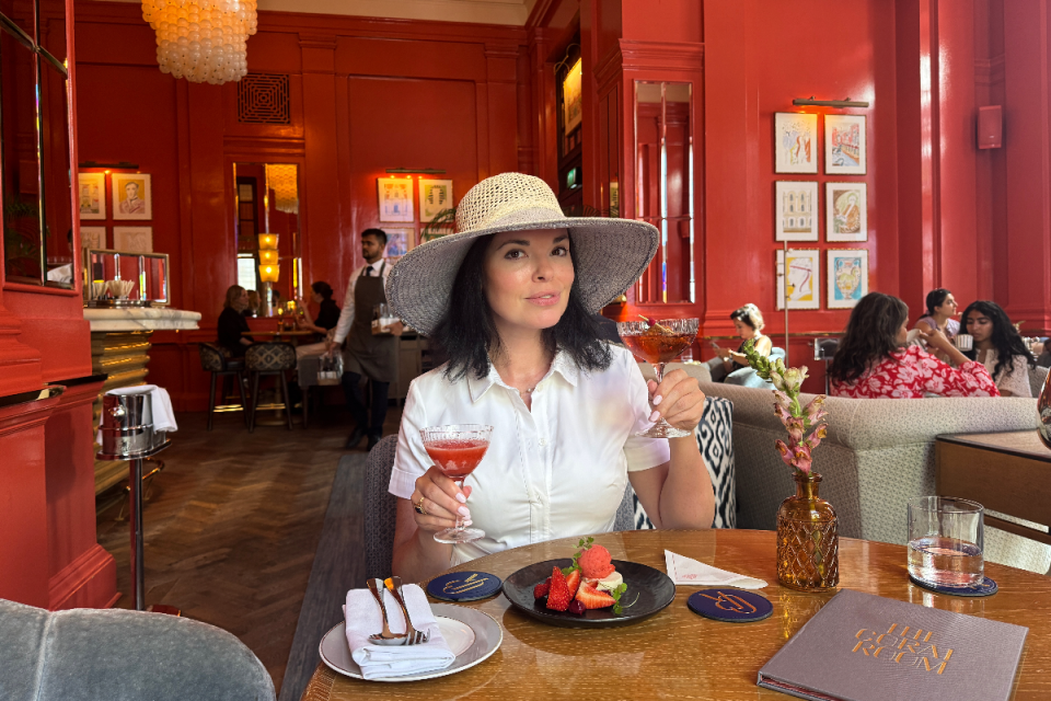 Libby sampling Wimbledon themed desserts with wine pairings