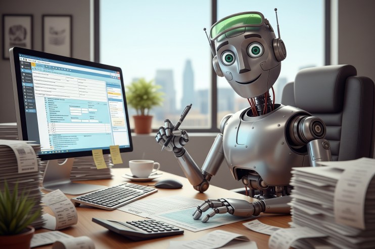 A robot filing taxes. This image is AI-generated