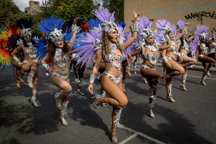 LONDON, ENGLAND - AUGUST 28: Performers parade in costume on the final day of Notting Hill Carnival on August 28, 2023 in London, England. The annual Caribbean festival, which stretches over two days, has taken place in London since 1966. (Photo by Jack Taylor/Getty Images)