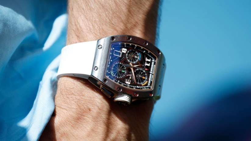 A detail shot of the Richard MIlle watch of Charles Leclerc of Monaco and Ferrari during previews ahead of the F1 Grand Prix of Miami at Miami International Autodrome in May 2024. (Photo by Chris Graythen/Getty Images)