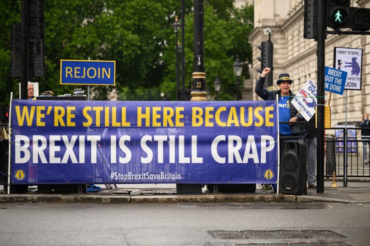 LONDON, ENGLAND - MAY 21: Anti-Brexit campaigner Steve Bray sings along to satirical songs and taunts politicians during his weekly protest in Parliament Square, to coincide with the Prime Minister's journey to the PMQ session in the House of Commons, on May 21, 2025 in London, England. (Photo by Leon Neal/Getty Images)