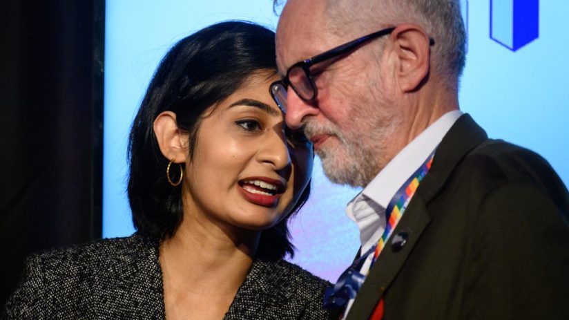 BRIGHTON, ENGLAND - SEPTEMBER 28: Labour MP for Coventry South Zarah Sultana (L) speaks with former Labour Party leader Jeremy Corbyn after addressing an audience at a fringe event for political festival The World Transformed, on the fourth day of the Labour Party conference on September 28, 2021 in Brighton, England.