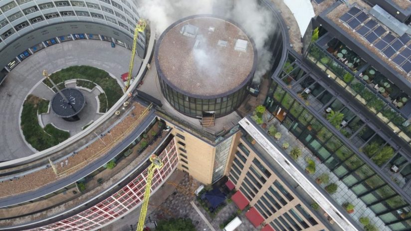 The fire is affecting floors towards the top of the building, which include a restaurant and an area of external decking and ducting, while an unknown number of flats have also potentially been affected. Photo credit: London Fire Brigade /PA Wire.
