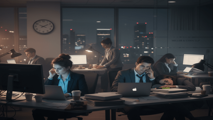 AI generated picture. Some junior lawyers at top City firms work on average 12-hour days.