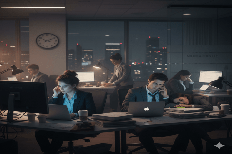 AI generated picture. Some junior lawyers at top City firms work on average 12-hour days.