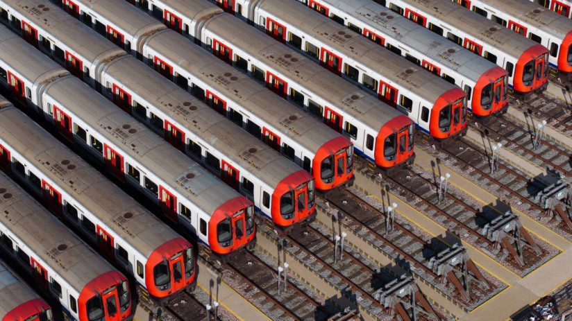 UPMINSTER, ENGLAND - SEPTEMBER 08: Tube trains are stacked at Upminster rail depot on September 08, 2025 in Upminster, England. London Underground workers have begun a strike that impacts most of the network, with limited or no services running on the Tube and DLR between Sunday and Friday. Members of the Rail, Maritime and Transport union (RMT) voted to strike after failed negotiations with Transport for London (TfL) over pay and working conditions. (Photo by Dan Kitwood/Getty Images)