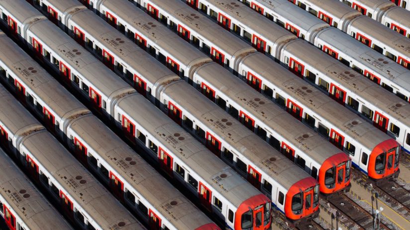 UPMINSTER, ENGLAND - SEPTEMBER 08: Tube trains are stacked at Upminster rail depot on September 08, 2025 in Upminster, England. London Underground workers have begun a strike that impacts most of the network, with limited or no services running on the Tube and DLR between Sunday and Friday. Members of the Rail, Maritime and Transport union (RMT) voted to strike after failed negotiations with Transport for London (TfL) over pay and working conditions. (Photo by Dan Kitwood/Getty Images)