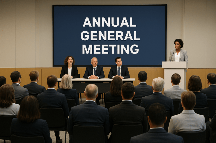 Corporate executives discussing annual general meeting strategies in a modern conference room setting