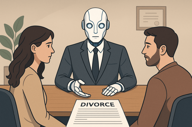 AI-powered robot assisting couple with divorce paperwork in a modern office setting, highlighting legal tech advancements