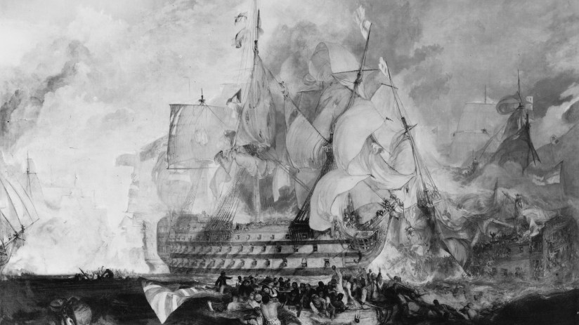 Historic naval battle depiction featuring British and French ships during the Battle of Trafalgar, showcasing maritime war...