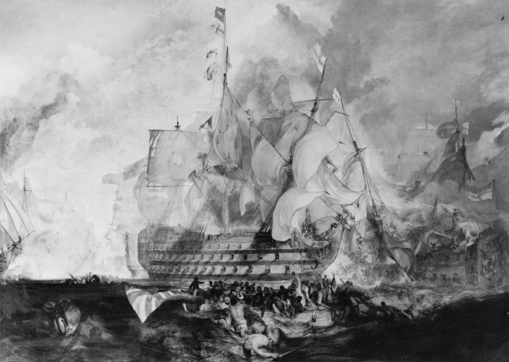 Historic naval battle depiction featuring British and French ships during the Battle of Trafalgar, showcasing maritime war...