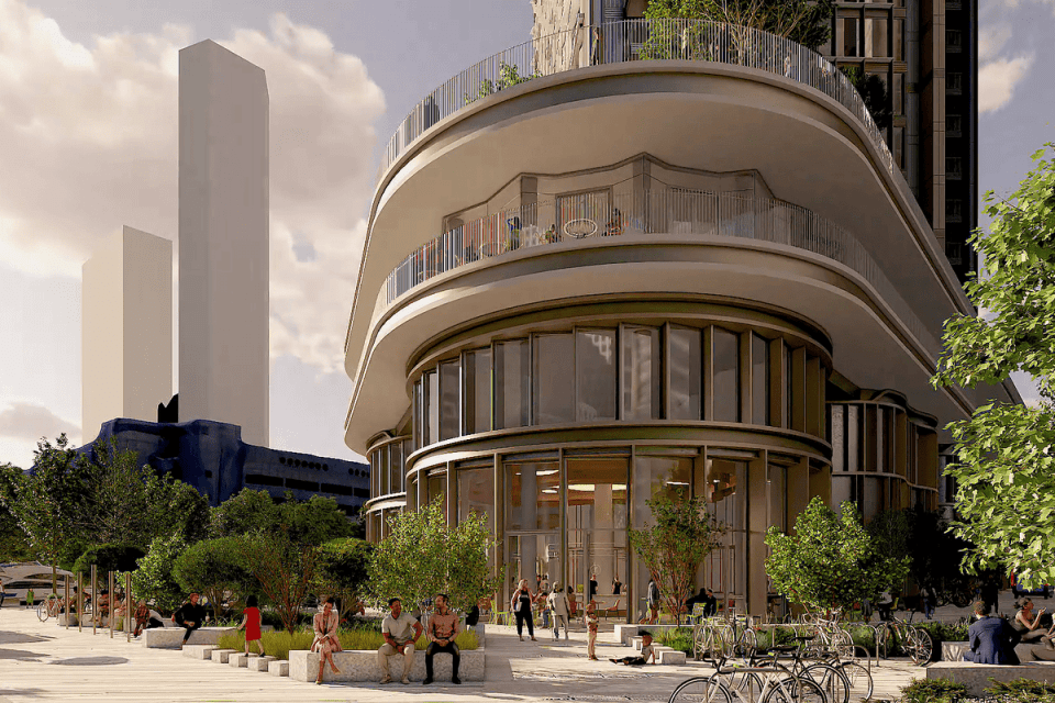 CGI illustration of Plinth design featuring new Dockside Gardens viewed from southeast perspective, highlighting urban lan...