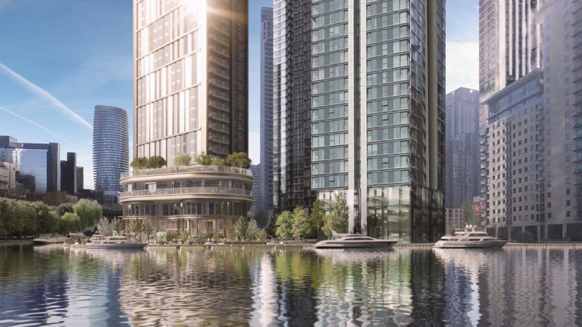 South Dock development proposal CGI view showcasing architectural design and layout from north walk perspective