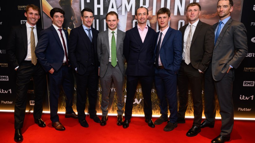 BAFTA premiere of Champions: Full Gallop Season Two with jockeys and trainers in formal attire at Piccadilly event.