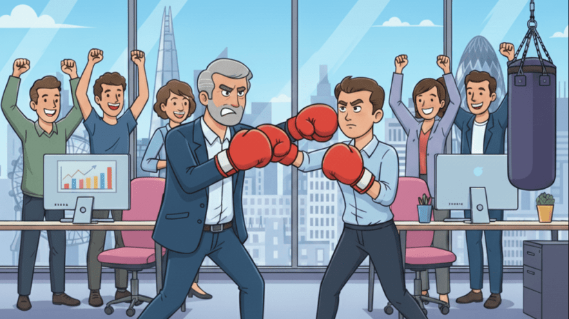 A boss and his employee sparring in the office (AI-generated image)