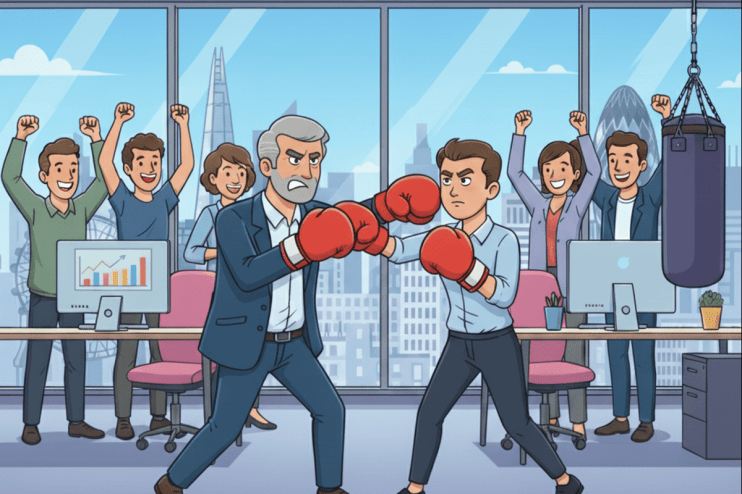 A boss and his employee sparring in the office (AI-generated image)