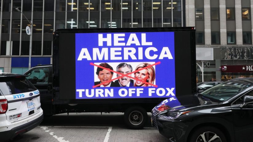 NEW YORK, NEW YORK - FEBRUARY 21: A video truck displays a message as members of Rise and Resist participate in their weekly "Truth Tuesday" protest at News Corp headquarters on February 21, 2023 in New York City. Text messages and emails between various Fox News hosts and network executives obtained during a defamation lawsuit brought by voting machine company Dominion against Fox News were released last week. They show that company employees had a much different view of election fraud than what was being broadcast on air in order not to lose viewers who supported then-President Donald Trump. (Photo by Michael M. Santiago/Getty Images)