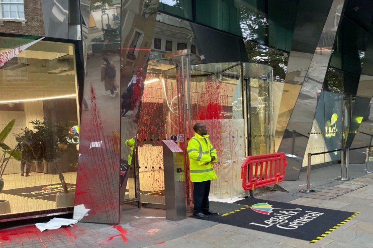 Legal & General's City office was hit with a red paint attack.
