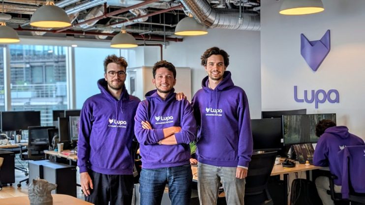 Lupa founders celebrating $20m Series A funding in London office, highlighting AI-driven veterinary software innovation