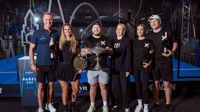 Padel Travel X Team celebrates trophy win with Laureus Ambassador Michael Vaughan lifting it in a triumphant moment