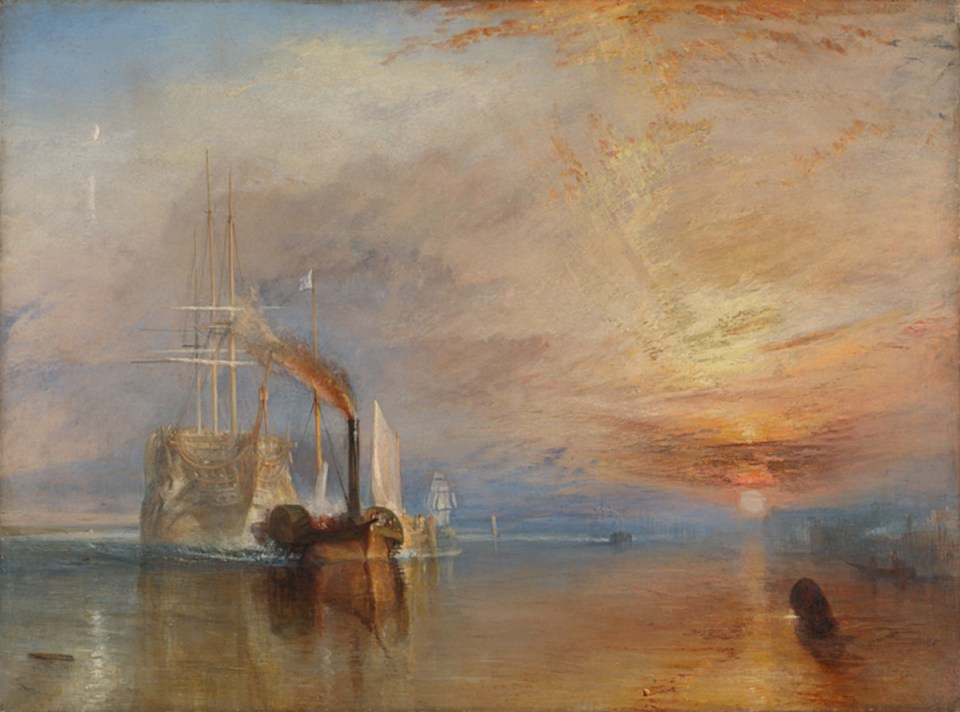J.M.W. Turners The Fighting Temeraire painting depicting a historic naval ship being towed by a steam-powered vessel