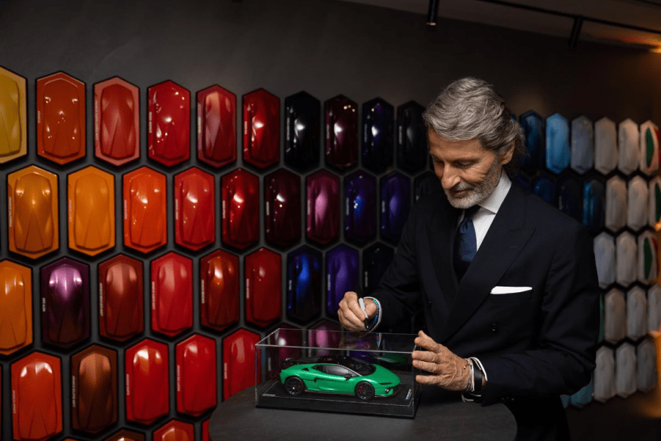 A range of swatches at the Lamborghini flagship showroom in Mayfair