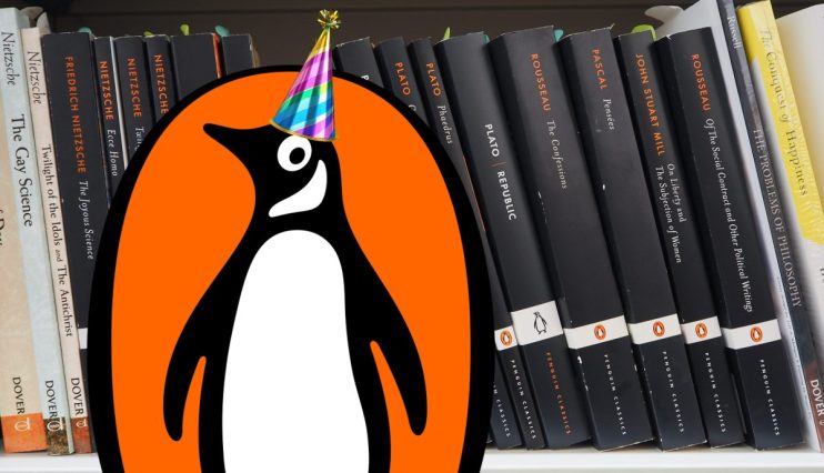 Penguin Classics book collection celebrating their anniversary with iconic titles and elegant cover designs displayed on a...