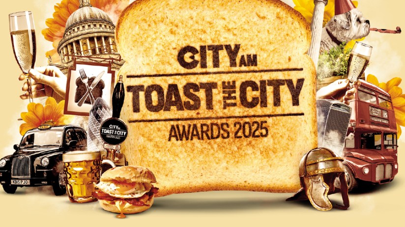 Cityscape with iconic skyline at sunset, featuring a vibrant urban toast celebration event in the heart of downtown.