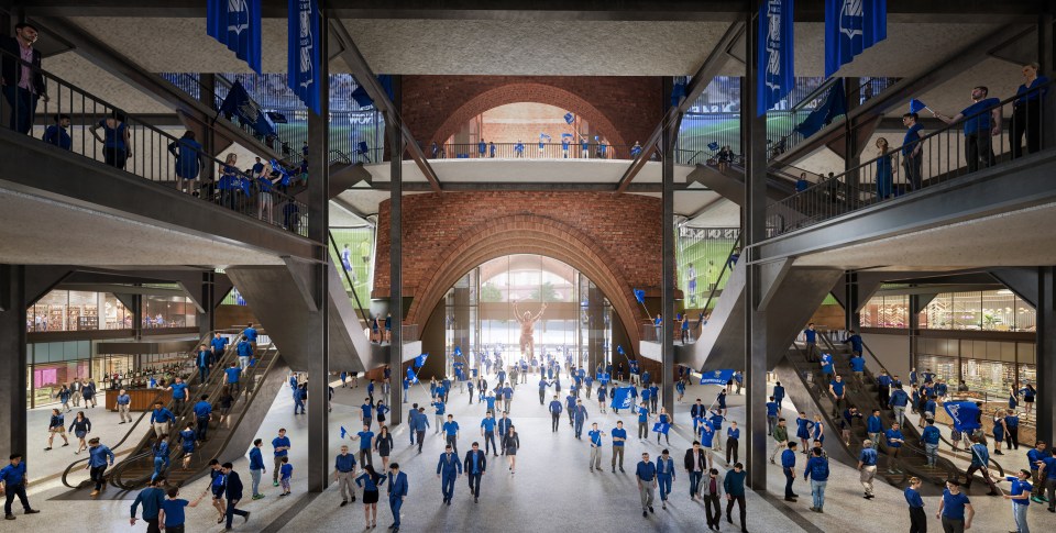 Birmingham Powerhouse Stadium south entrance showcasing modern architecture, bustling with visitors and vivid energy.