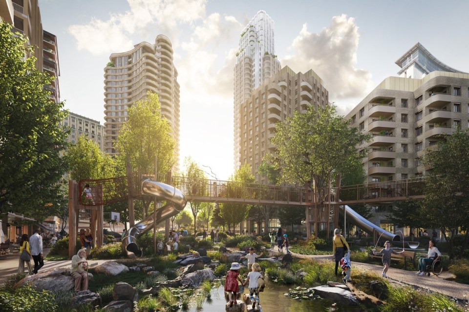 CGI rendering of Aisgill Gardens at Earls Court 1 showcasing modern landscape design and urban development features