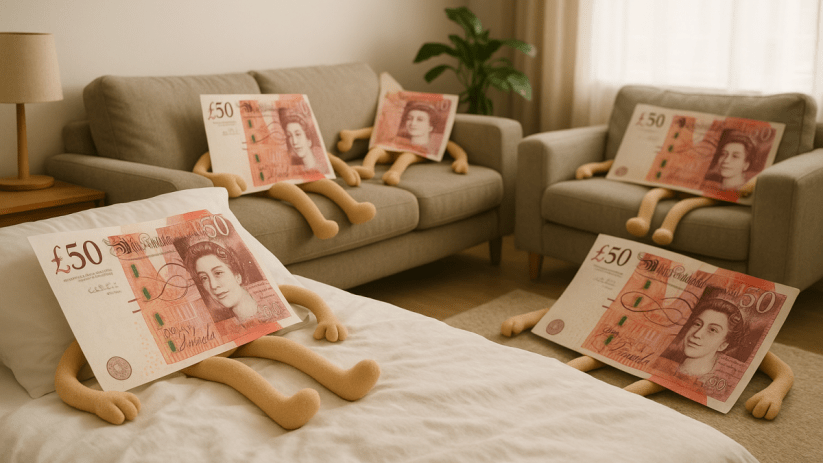 Stacks of cash representing underperforming Cash ISAs with the phrase lazy money to highlight financial inefficiency.