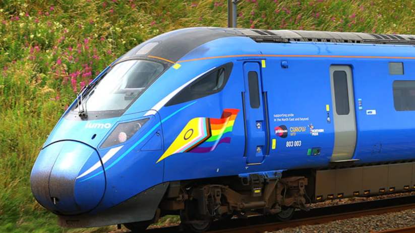 Lumo train speeding through scenic countryside, highlighting sustainable travel options and modern rail technology