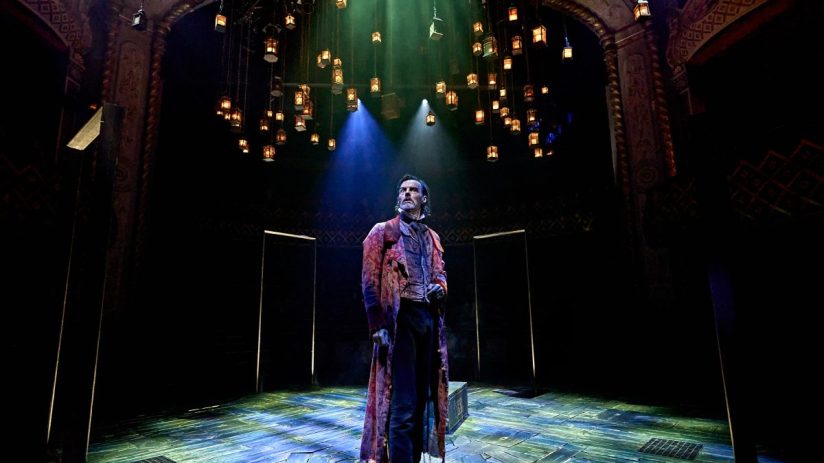 Paul Hilton as Ebenezer Scrooge in A Christmas Carol at The Old Vic, captured during a live performance by Manuel Harlan