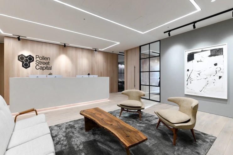 Pollen Street 56 storefront with modern architecture, showcasing vibrant signage and bustling pedestrian activity