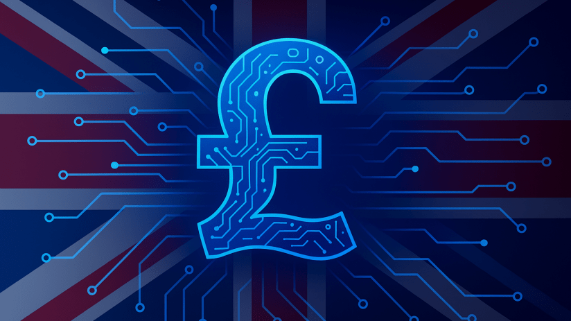 UK digital currency concept with British flag, currency symbols, and futuristic digital interface elements.