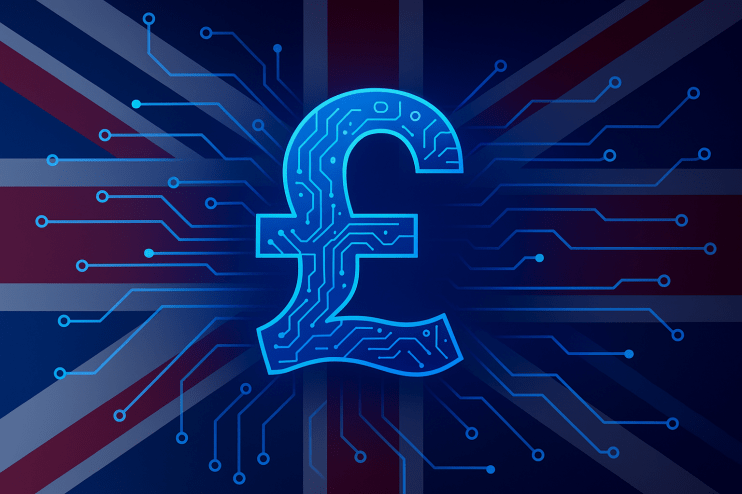 UK digital currency concept with British flag, currency symbols, and futuristic digital interface elements.