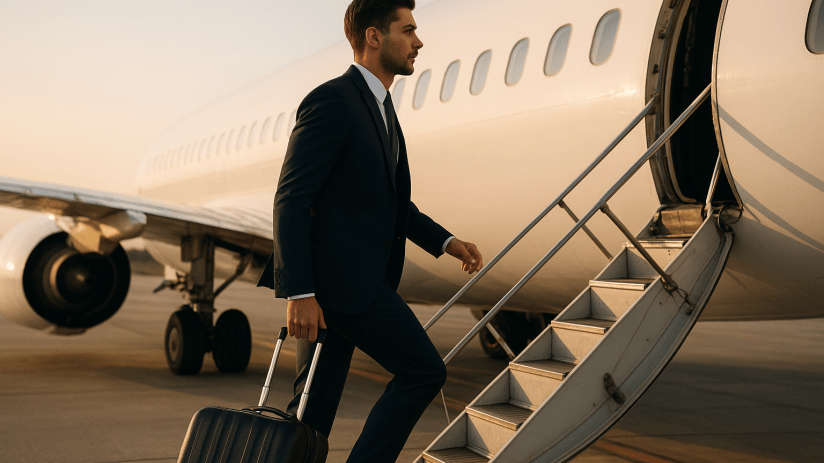 Entrepreneur boarding a sleek private jet, symbolizing business success and luxury travel in the modern corporate world.