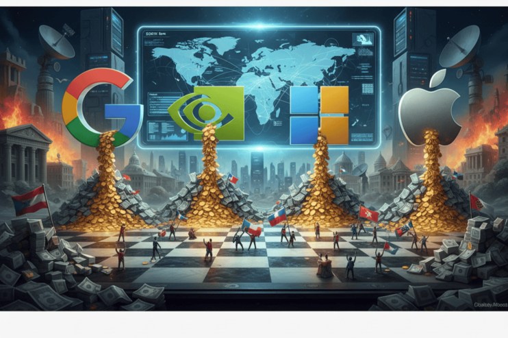 Apple, Google, Nvidia, and Microsoft logos with financial charts, illustrating tech giants spending surpassing country bud...