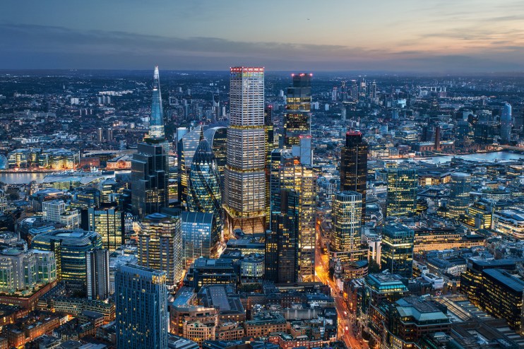 Aerial view of city cluster at dusk showcasing urban landscape and skyline under atmospheric lighting conditions