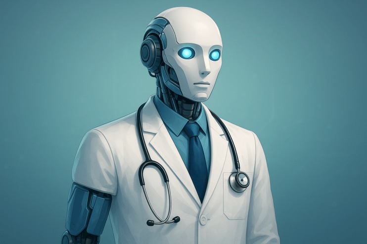 Healthcare professionals using AI technology on digital tablets in a modern hospital setting to enhance patient care.