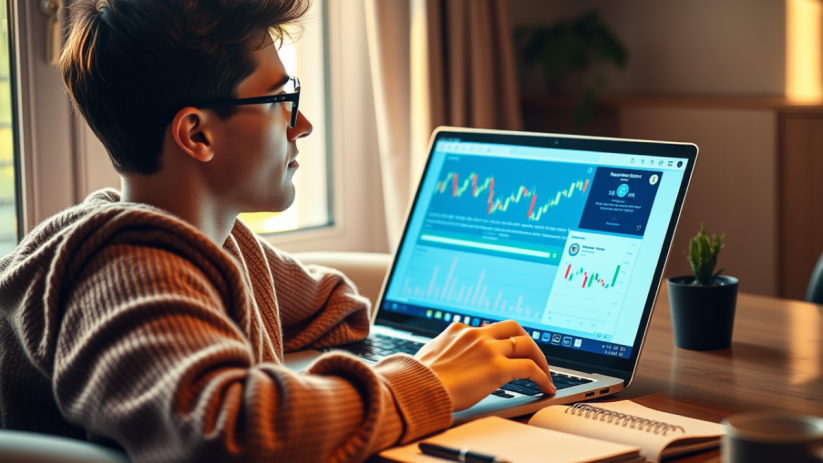Young investor analyzing stock market trends on a computer screen, representing modern investment strategies using AI tech...