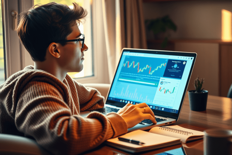 Young investor analyzing stock market trends on a computer screen, representing modern investment strategies using AI tech...